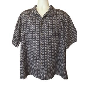 Woolrich Fishing Shirt Storm Blue Shark Geometric Print Cotton XL Short Sleeve